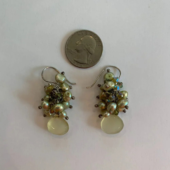 Bespoke Handmade Green Freshwater Pearl Quartz Crystal Sterling Silver Earrings - Picture 2 of 4